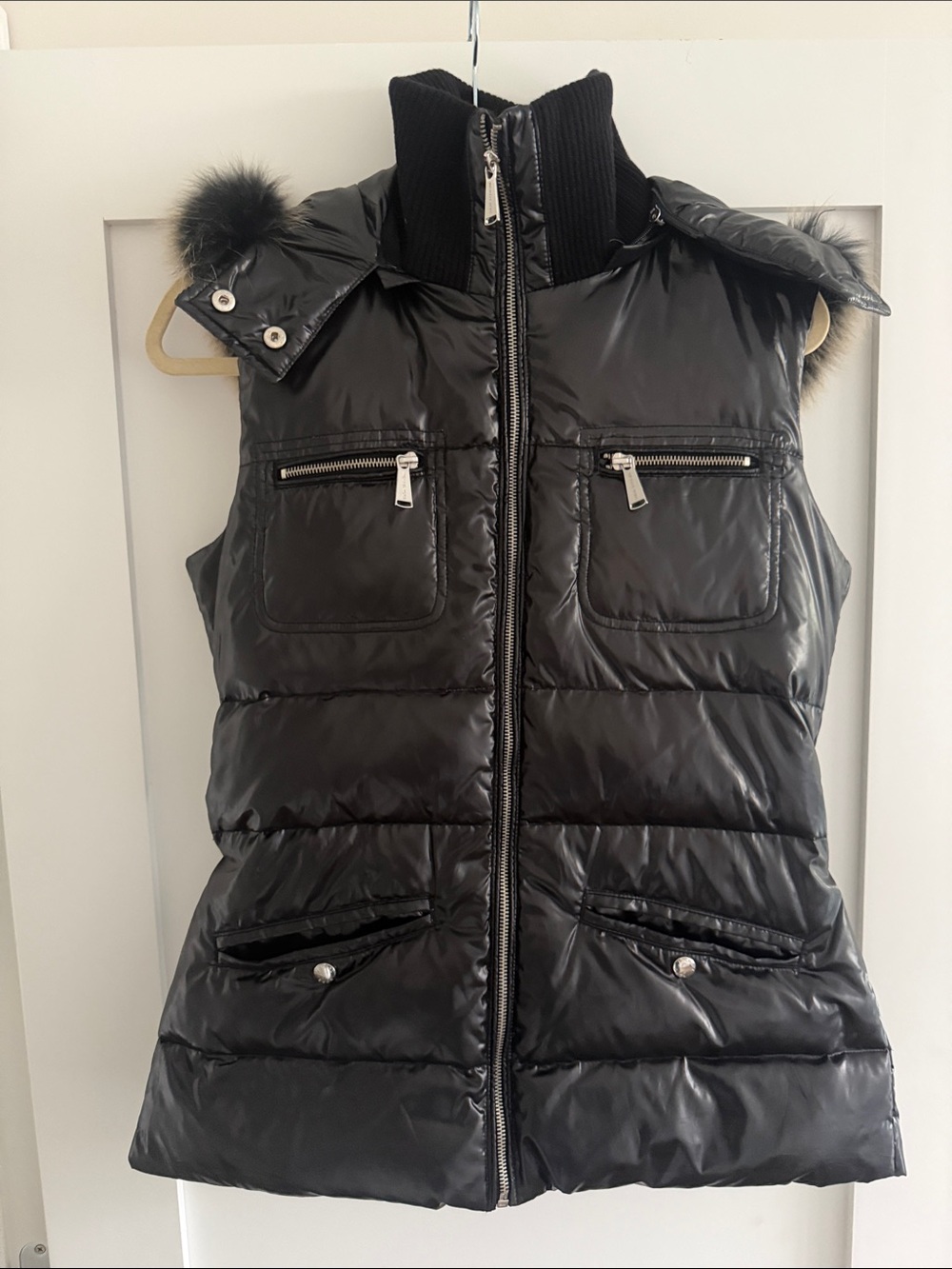 Michael Kors Black Shiny Quilted Puffer Vest with Faux Fur Hood - Picture 3 of 15